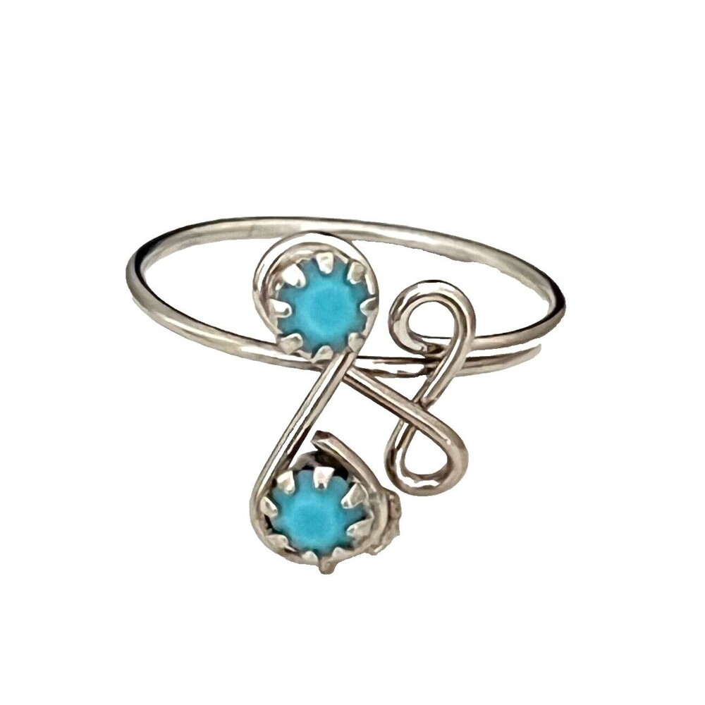 Vintage 1960s Ring Silver Tone Turquoise Rhinestone Mid Century Modern - 4J
